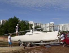 Ready to be splashed for the first time.  Miri Magic at Port Dickson World Marina. © Captain Marty AsianYachting.com