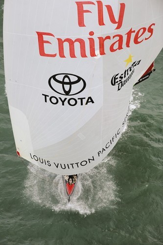 Emirates Team New Zealand trail Alinghi down the first run of the first final of the Louis Vuitton Pacific Series. 13/2/2009 © Chris Cameron/ETNZ http://www.chriscameron.co.nz