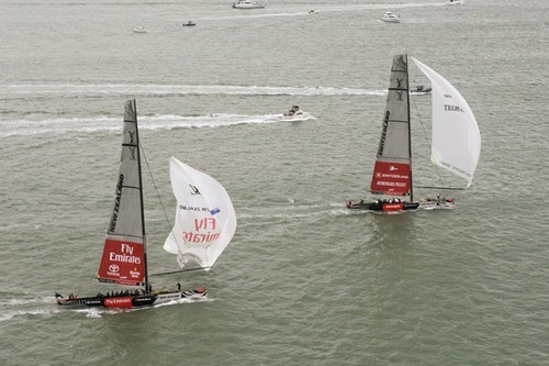 Emirates Team New Zealand have a spinnaker halyard problem on the first run of the first final of the Louis Vuitton Pacific Series against Alinghi.  © Chris Cameron/ETNZ http://www.chriscameron.co.nz