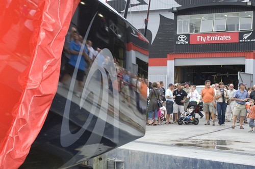 Emirates Team New Zealand’s new TP52 is launched in front of a crowd of Team members, family and supporters  © Chris Cameron/ETNZ http://www.chriscameron.co.nz