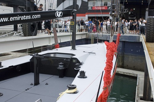 Emirates Team New Zealand’s new TP52 is launched in front of a crowd of Team members, family and supporters.  © Chris Cameron/ETNZ http://www.chriscameron.co.nz