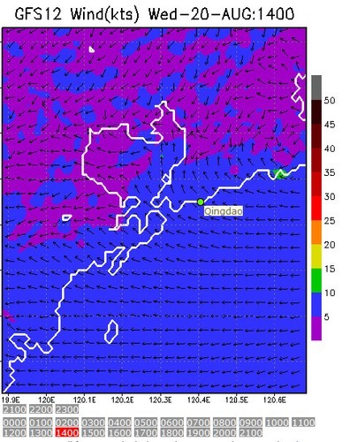 PredictWind - Graphic showing expected wind strength and direction at low level (1km) - at 40metres for Wednesday 20 August at 1400hrs for Qingdao © PredictWind.com www.predictwind.com