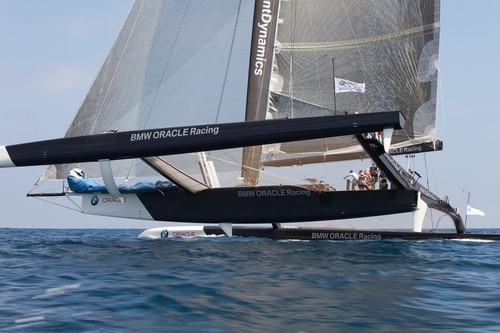 BMW ORACLE Racing - 90 ft Trimaran testing off San Diego. The rudders substantially increases waterline length under the measurement rule published, however they have now been excluded from being included in length measurements by the New York Supreme Court . © BMW Oracle Racing Photo Gilles Martin-Raget http://www.bmworacleracing.com