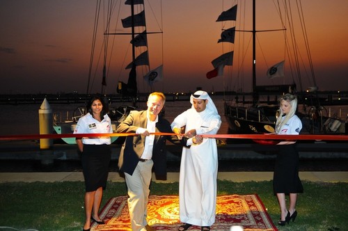 Andrew Pindar and HE Shaikh Daij bin Salman bin Daij Al Khalifa, Chairman of the General Organisation of Sea Ports, cutting the ribbon to mark the arrival of Sail Bahrain’s two VO60s.  © Sail Bahrain