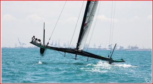 Underbelly of Le Black shows the dolphin strikers used for maintenance of hull rig tension © George Johns/Alinghi www.alinghi.com
