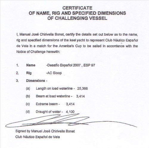 The Challenging Vessel Certificate provided by CNEV show dimensions for a V5 ACC yacht when a 90fter was the intended class.  © Event Media