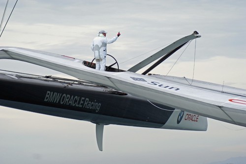 Larry Ellison in flight mode during Practice Day, 2010 America’s Cup © Richard Gladwell www.photosport.co.nz