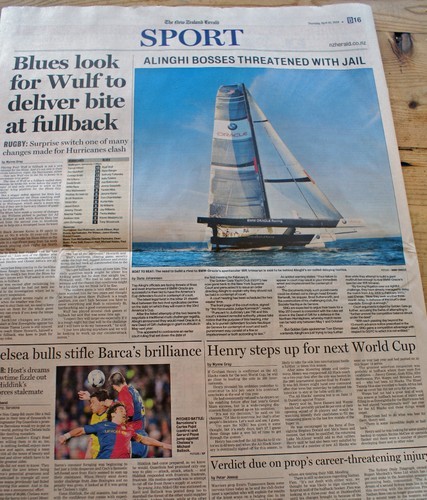 Lead sports page, NZ Herald 30 April © SW