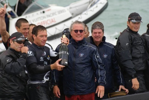Some very wet but happy people aboard NZL-84 after the finish of the Louis Vuitton Pacific Series  Final, including Yves Carcelle of Liuios Vuitton and Bruno Trouble © Richard Gladwell www.photosport.co.nz