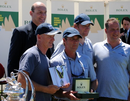 South Australian Andrew Saies and some of the crew of Two True collect the booty for being Overall Winner of the Rolex Sydney Hobart Yacht Race, which included the Tattersalls Cup and a Rolex timepiece. ©  Andrea Francolini Photography http://www.afrancolini.com/