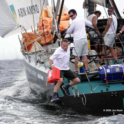 Hans La Cour Andersen : Start of Leg 5 of the Volvo Ocean Race. Having filmed the race start, it is time to get off the boat. The camera is in the Pelican Case © TEAM ABN AMRO/Jon Nash