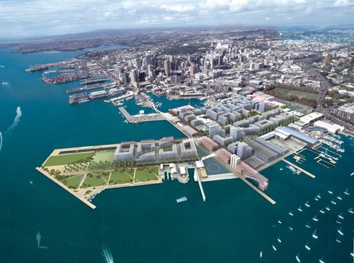 The proposed final development for Wynyard Quarter, looking east with Auckland City behind © Sea+City www.seacity.co.nz