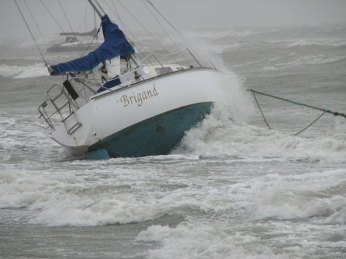 Brigand on the beach at Algies Bay 26 July 2008. Salvaged with no major damage except rudder.  © Ross Walker