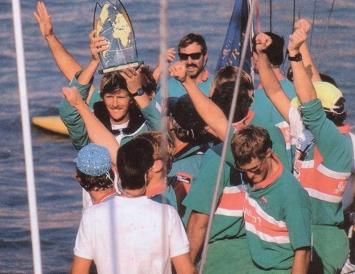 After 17 years of trying Peter Blake holds the 1989/90 Whitbread trophy aloft on Steinlager 2  © SW