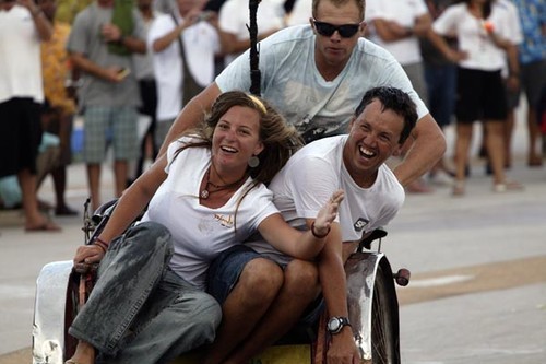 Raja Muda Selangor International Regatta 2008. Penang Trishaw Races. Sam and Cozzie can pick up girls most anywhere. They found this one on a racetrack. © Guy Nowell http://www.guynowell.com