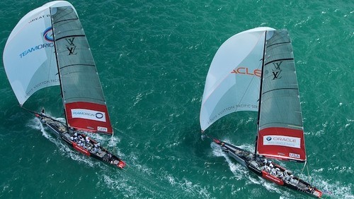 Louis Vuitton Pacific Series, TEAMORIGIN vs BMW Oracle Racing, TEAMORIGIN lead BMW Racing during leg two. © Ian Roman http://www.ianroman.com