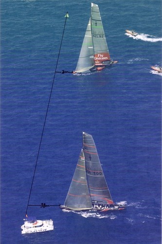 Photo of the Race 7 Finish, taken from a helicopter. Sail-World has drawn the finish line between the orange flag on the Committee Boat and the apex of the finish mark. NZL-92 is sailing deep to try and build her boat speed and apparent windspeed © Sail-World.com /AUS http://www.sail-world.com