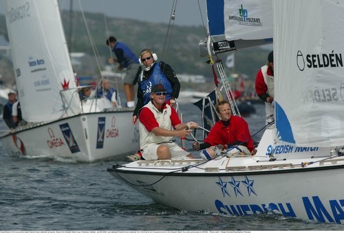 Great Britain’s Chris Law leads Poland’s Karol Jablonski during the finals of the Swedish Match Cup 2003, three years later the Swedish Match Tour was morphed into the  World match Racing Tour.  © Sergio Dionsio Oceanfashion pics