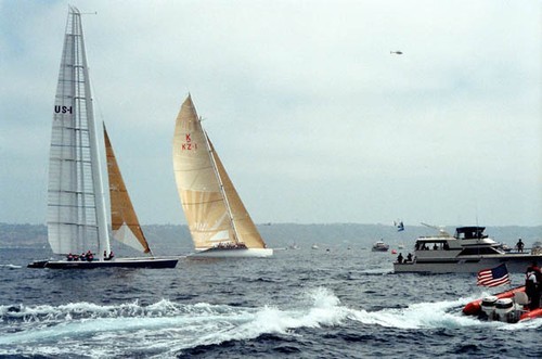 The Big Boat versus The cat was the most one sided contest in America’s Cup history. Somewhere between here and the windward mark they tacked. © Rich Roberts http://www.UnderTheSunPhotos.com