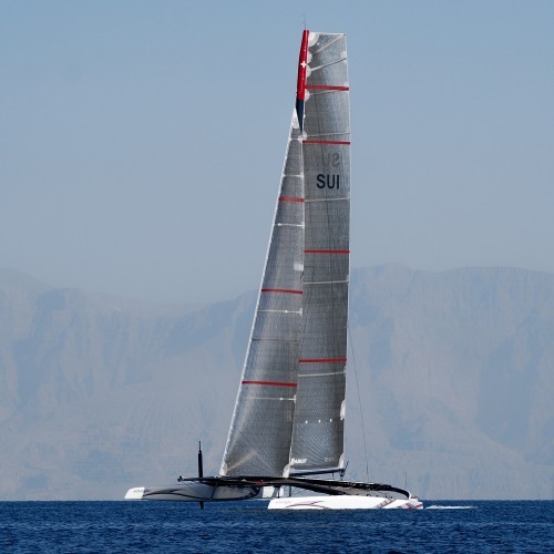 Alinghi 5 sailing off Ras al-Khaimah, now the origin of her sails are being questioned. © Alinghi Team www.alinghi.com