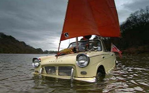 Crossing the English in amphibious cars.