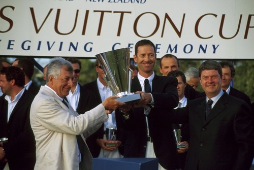 Better times for the Louis Vuitton Cup - Patrizio Bertelli and Francesco de Angelis are presented with the Louis Vuitton Cup by Yves Carcelle of Louis Vuitton in 2000. © Event Media