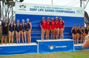 2006 Surf Nationals New Plymouth - on the podium: Mairangi Bay (2nd) Karekare (1st) and Whakatane (3rd), photo copyright Peter Bruggeman taken at  and featuring the  class