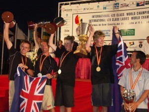 The youth of 420 World Champions Peter Burling and Carl Evans is evident as they stand on the Medal Podium. They won the trophies for the Under 16, Under 18 and Open World Championships photo copyright Event Media taken at  and featuring the  class