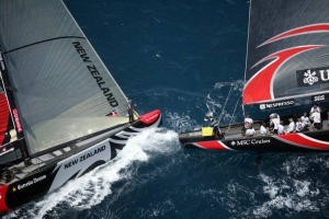 32nd America’s Cup - Final Match - Day 2 prestart Alinghi and Emirates Team NZL photo copyright Gilles Martin-Raget http://www.martin-raget.com/ taken at  and featuring the  class