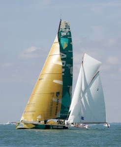 The 103 year year old Kelpie is escorted in by her modern counterpart, ABN AMRO 1 to celebrate the opening of the 180th Skandia Cowes Week photo copyright onEdition http://www.onEdition.com taken at  and featuring the  class