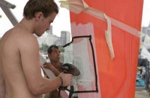  Shorecrew working on ABN AMRO TWO keel. Marina da Gloria, Rio de Janeiro, Brasil. © Oskar Kihlborg/ Volvo Ocean Race 2005-2006 photo copyright Volvo Ocean Race http://www.volvooceanrace.com taken at  and featuring the  class