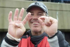 Pirates of the Caribbean helmsman Erle Williams showing he was driving a Volvo Open 70 at the speed of 40 knots. At the dock in Portsmouth after taking third place across the Atlantic Ocean in leg 7 of the Volvo Ocean Race from New York to Portsmouth, England. © Oskar Kihlborg photo copyright Volvo Ocean Race http://www.volvooceanrace.com taken at  and featuring the  class