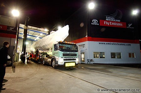 NZL-92 arrives at the ETNZ base soon after completion at Cooksons Boat yard. Ancillotti believes Cooksons are one or two generations ahead of anyone else around the world in using composites. © Chris Cameron/ETNZ http://www.chriscameron.co.nz