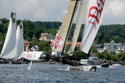 Overall winners Basilica fly high at the first event in the 2007 iShares Cup Extreme 40 Sailing Series on Lake Starnberg in Germany. <br />
© Jean Marie Liot / DPPI / OC Events  © Extreme 40s