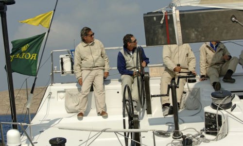 Atalanta II takes line honours - Carlo Puri Negri (left), owner and skipper and Francesco de Angellis, helmsman (right) <br />
 ©  Rolex/ Kurt Arrigo http://www.regattanews.com