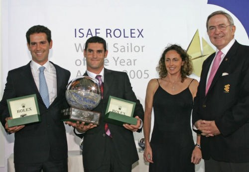 Fernando Echavarri and Anton Paz, ESP, with Trophy and Rolex timepiece Yacht-Master, presented by Alessandra Sensini and HM King Constantine of Greece <br />
ISAF Rolex World Sailor of the Year Awards 2005 Winners Fernando Echavarri and Anton Paz, Spain, with World Sailor Trophy and a Rolex timepiece Yacht-Master, presented by Alessandra Sensini and ISAF President of Honour HM King Constantine of Greece &copy;  Rolex/Daniel Forster http://www.regattanews.com