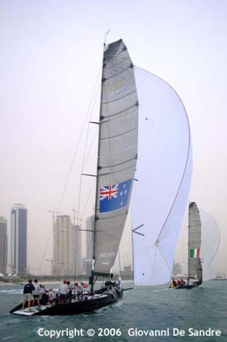 The distinctive transoms of the RC44 are apparent as the class races off Dubai © RC44.com