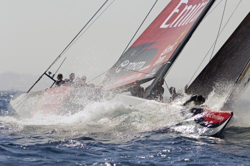 Emirates Team New Zealand NZL84 prepare to round the first top mark in their first final match of the Louis Vuitton Act 12 against Alinghi SUI75. 1/7/2006 © Chris Cameron/ETNZ http://www.chriscameron.co.nz