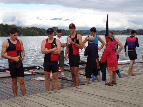 Hamilton Boys and Wanganui Collegiate wait while the the hearing takes place over the weight check on the Christs College cox.  © Richard Gladwell www.photosport.co.nz