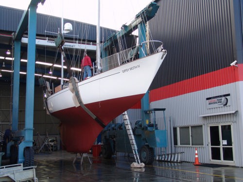 Gipsy Moth IV, showing the damaged starboard side, leaves the builders shed at Emirates Team NZ © Richard Gladwell www.photosport.co.nz