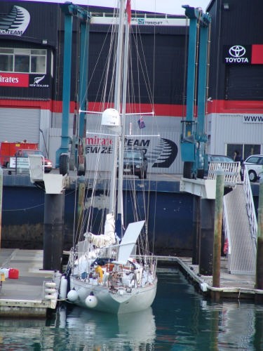 Gipsy Moth in front of the Emirates Team New Zealand shed in which she was rebuilt. © Richard Gladwell www.photosport.co.nz