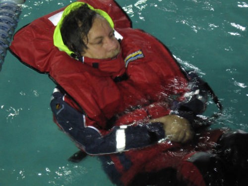 Floation testing in full wet weather gear and life jacket ORCV Offshore training © Jennifer McGuigan