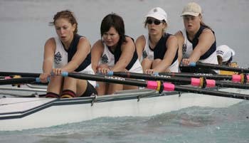 Otago Girls High School Under 18 4x crew of Natalie Jakobs,Emma Hunter, Ashley Booth, Krystal Cameron and cox Angela Juergensen battle through to make a place in the B final in the event in a time of 7min 57.80 for the 2000 metre course.  © SIR+photosouth@xtra.co.nz