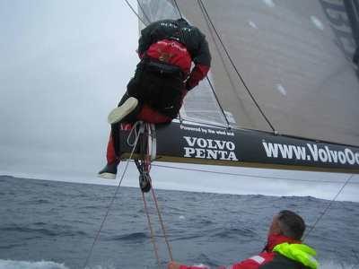 Crewmember repairing fixtures on the boom on Volvo Open 70 The Black Pearl day7 Leg 2 ©Justin Clougher © Volvo Ocean Race http://www.volvooceanrace.com