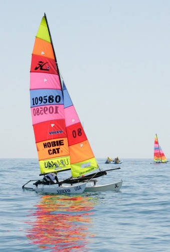 Several crews, New Zealand included, failed to finish in the light airs in the Hobie 16 event. © onEdition http://www.onEdition.com