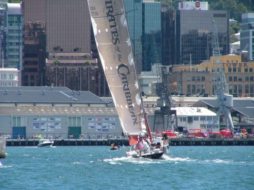 Black Pearl at pace in Wellington Harbour for the start of Leg 4 © Adrian Rumney