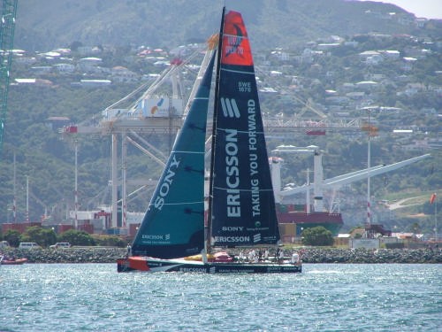 Ericsson Racing against the cranes of the Wellington container terminal © Adrian Rumney