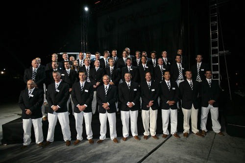 BMW Oracle Racing’s crew pose at the launching ceremony © BMW Oracle Racing Photo Gilles Martin-Raget http://www.bmworacleracing.com