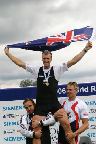 Mahe Drysdale is given the traditional hoist by the other single sculls Medalists(and Marcel Hacker’s coach) © Rob Bristow www.rowinginfo.info