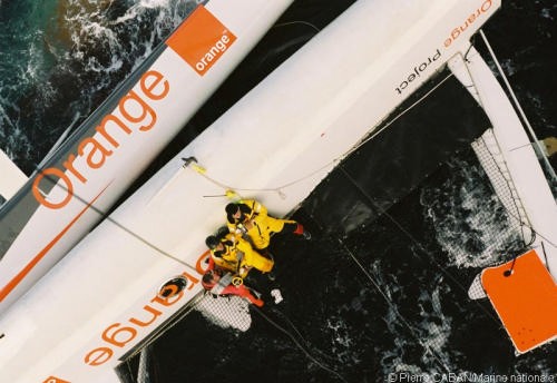 Project Orange’s crew clung to the uptirned mulithull for six hours in the cold Atlantic Ocean © Pierre Caban/Marine Nationale